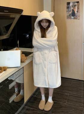 冬天珊瑚绒睡袍女款冬季2025新款加绒加厚睡衣女生可爱秋冬家居服