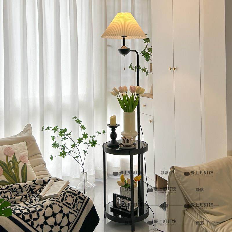 2024新款立式落地灯置物架一体复古卧室床头柜台灯客厅沙发旁边几,家装灯饰光源,置物功能落地灯,淘宝优惠券,粉丝福利购,淘宝优惠卷