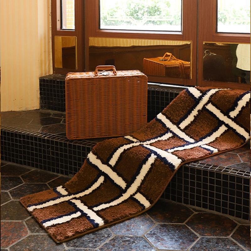 中古风棕色地毯植绒格子卧室床边毯防滑加厚防滑长条地垫可机洗