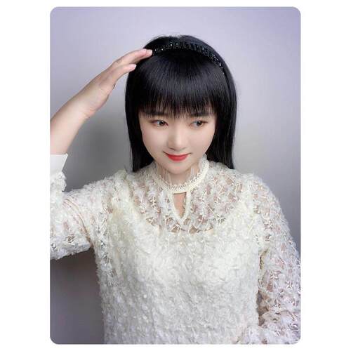 假发刘海黑色彷钻发箍刘海一体真人发丝前额鬓角遮白发碎齐刘海