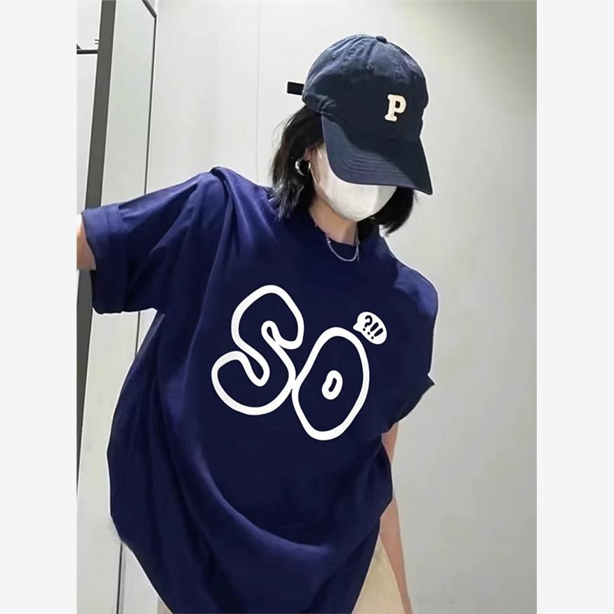 藏蓝色纯棉短袖t恤女夏季2025新款休闲百搭宽松体恤衫半袖上衣服