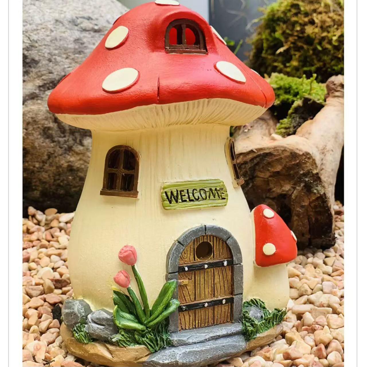 小蘑菇太阳能树脂小房子树屋花园摆件庭院装饰园艺阳台布置GUO