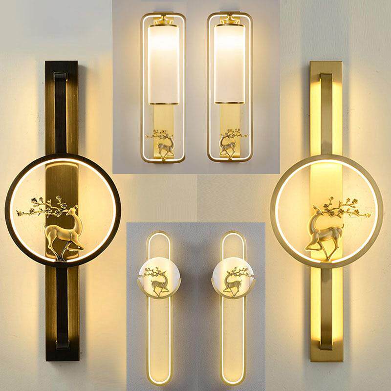 客厅新中式全铜壁灯轻奢电视背景墙灯卧室床头壁灯书房鹿头走道灯