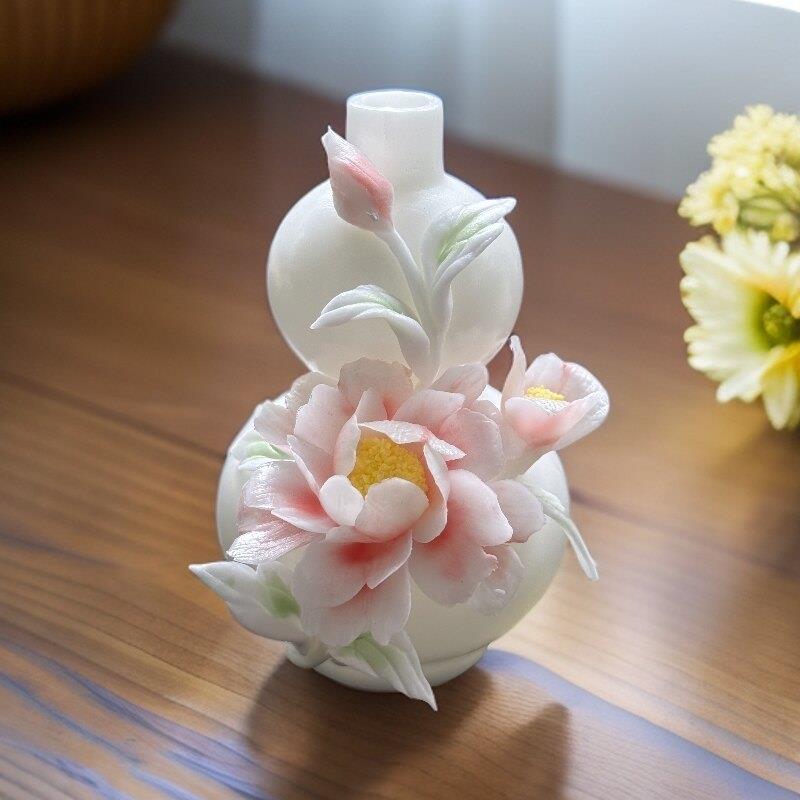 中式创意手工捏花牡丹陶瓷花瓶摆件客厅插花装饰品家居桌面摆件