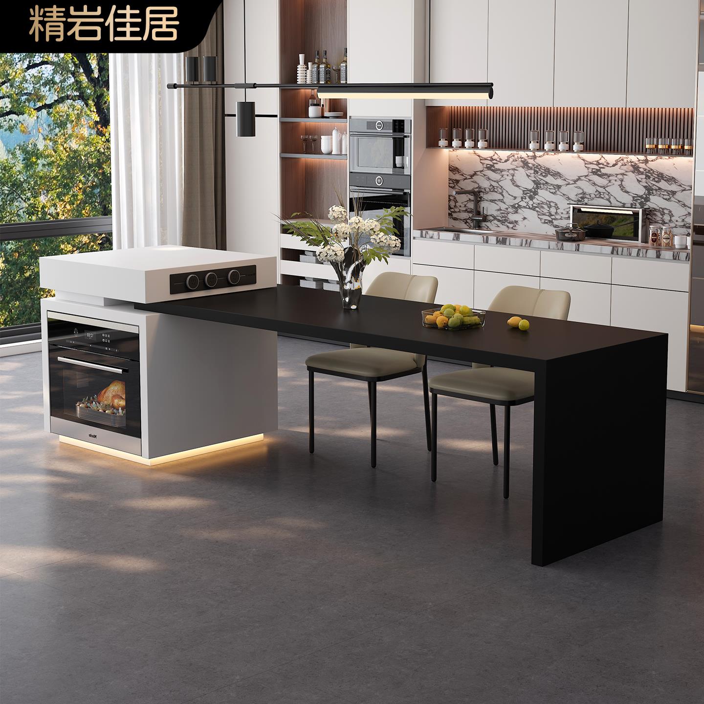 意式极简岛台餐桌一体岩板导台定制嵌入烤箱小户型开放式厨房导台