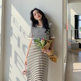 ◆娜拉自制◆孕妇慵懒风条纹短袖连衣裙2025春夏冰丝流苏孕妇裙子