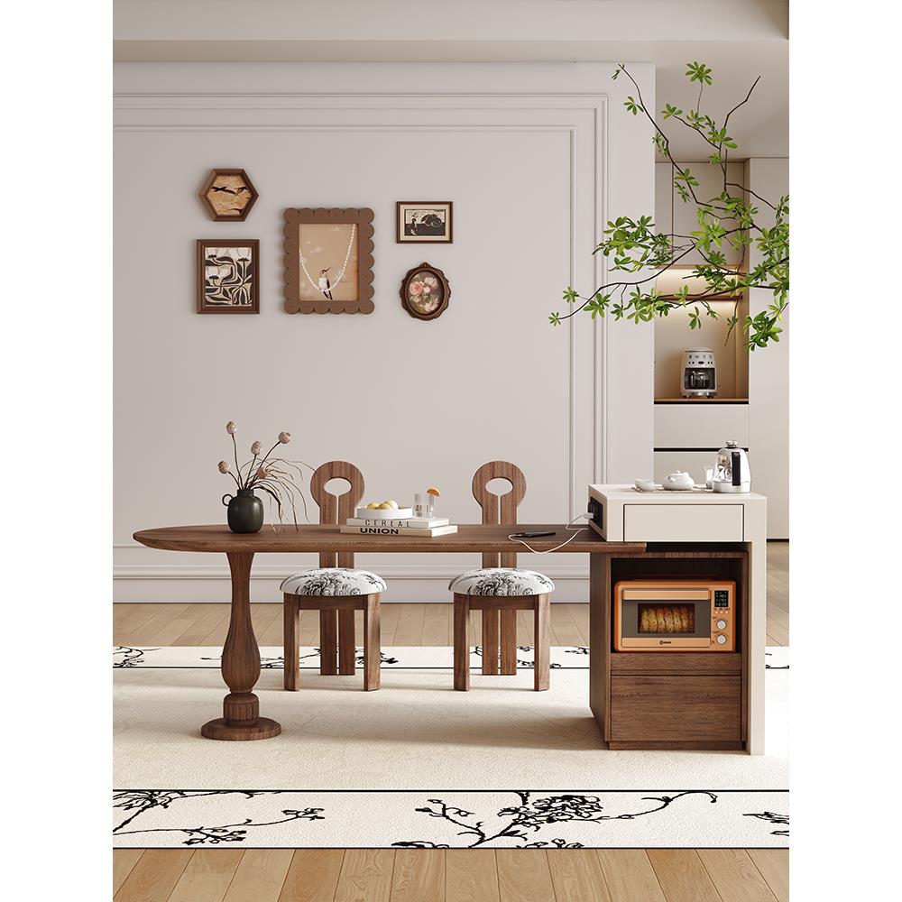 法式中古风黑胡桃木纹多功能伸缩岛台餐桌一体小户型客厅餐厅中岛