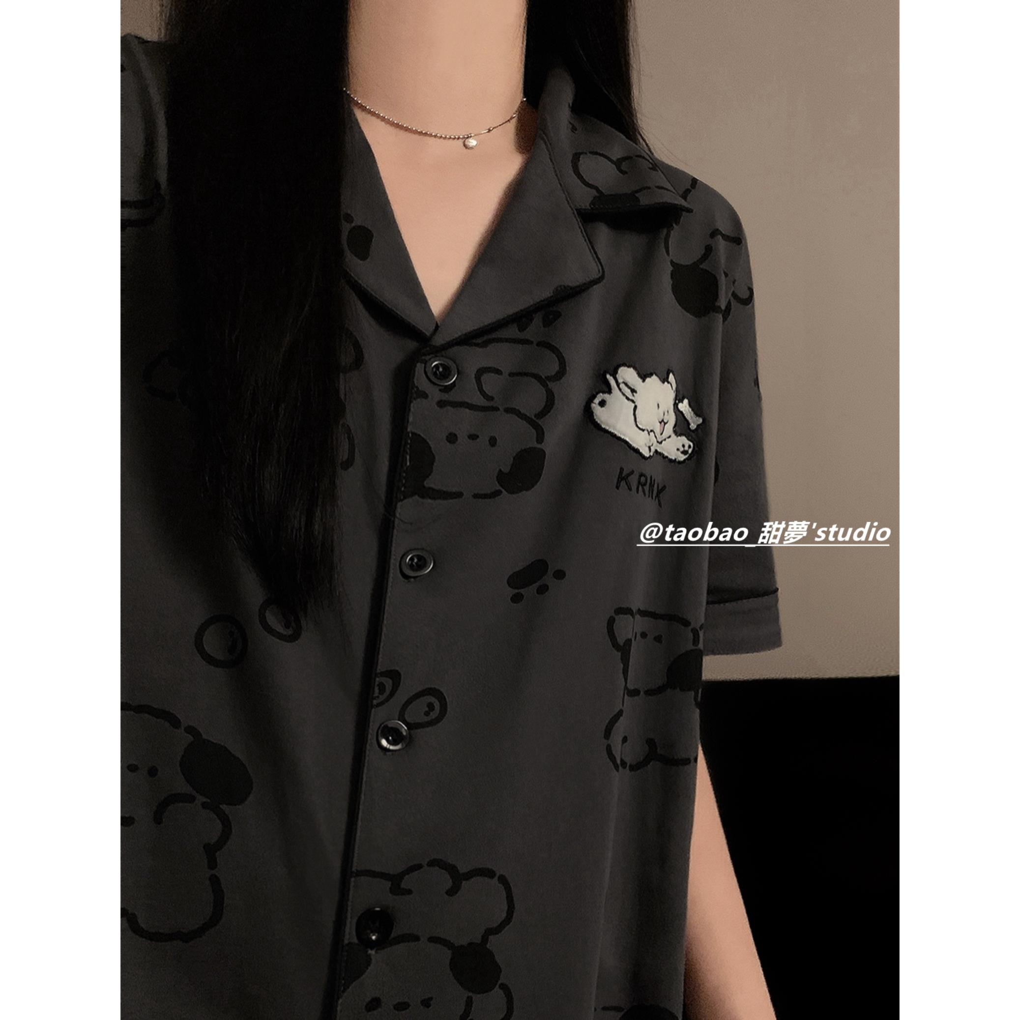 ins韩国卡通小狗夏季漫画 画睡衣男女短袖短裤纯棉高级感情侣家居