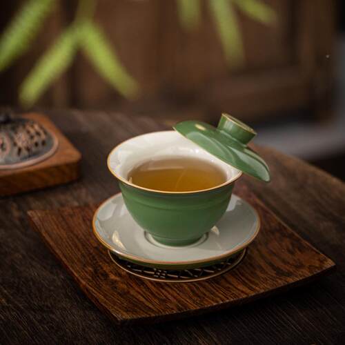 可悬停旋转盖功可悬停青碗青竹泡g茶不烫手茶釉具夫碗三才带盖陶