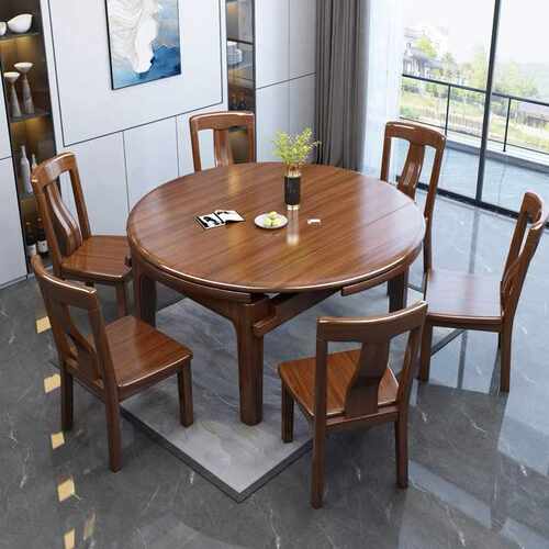 新中式胡桃木实木餐桌椅组合餐厅家用现代简约伸缩方圆两用饭桌
