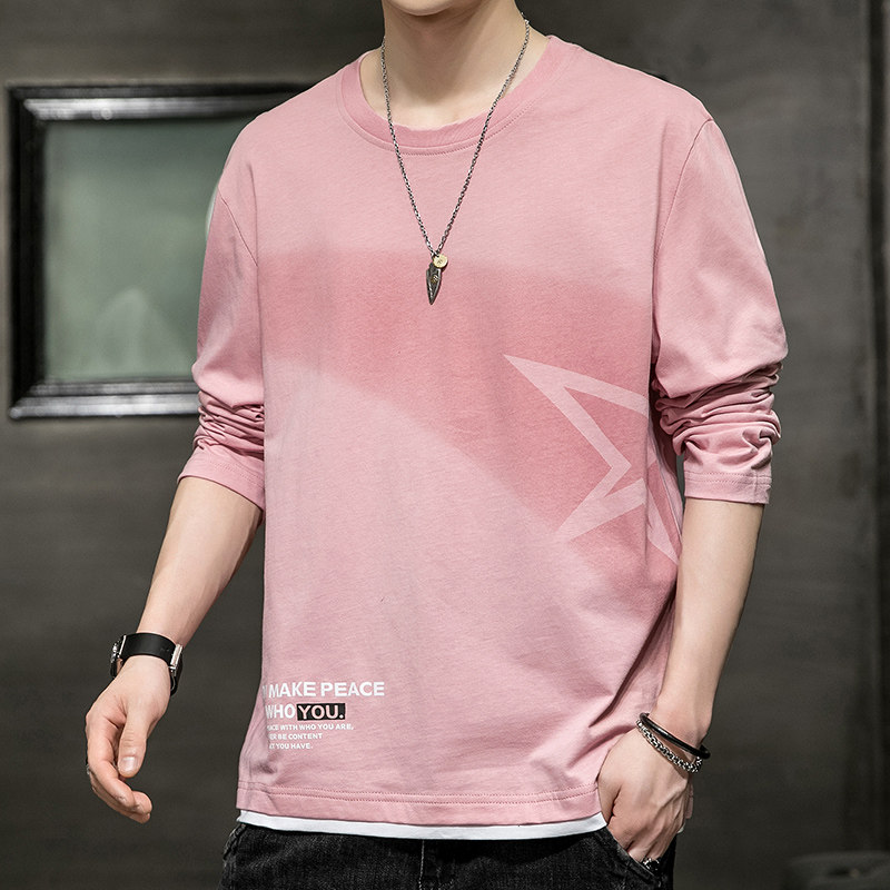薄款外穿秋衣男士打底衫长袖T恤全棉粉色春秋季2024新款丅血t