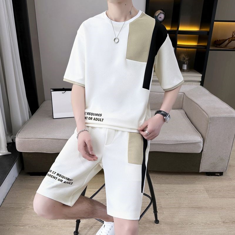 2025休闲运动一套装搭配男士潮流夏季宽松圆领帅气撞色两件套C37
