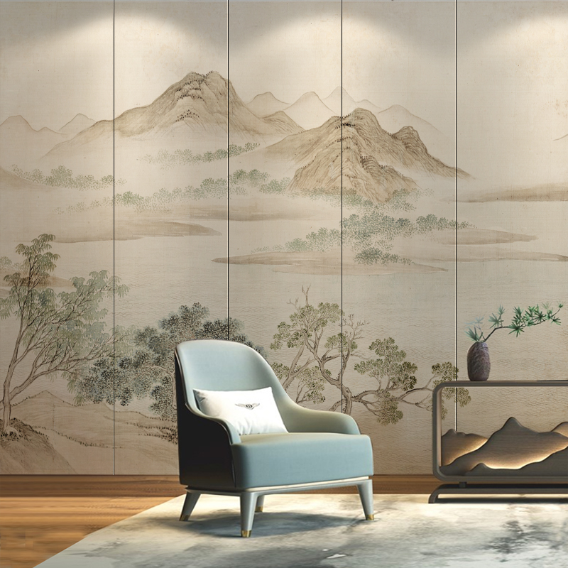 现代中式意境淡雅水墨湖山春暖沙发背景墙纸壁布书房卧室定制壁画