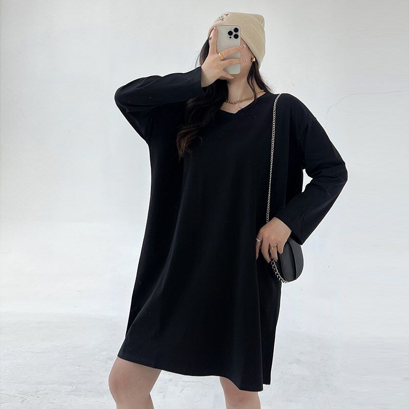 大领口t恤女长袖春秋大码宽松中长款过膝慵懒风大圆领打底衫