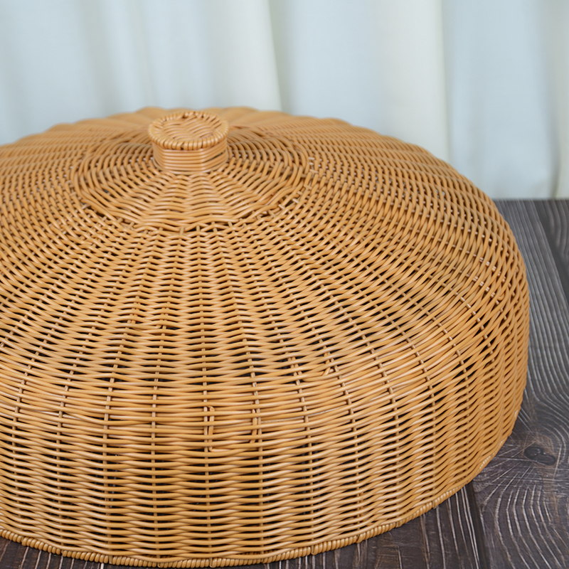 WY098圆形菜罩菜盖仿藤家用田园手工茶色防尘罩防蝇防虫罩盖52*17