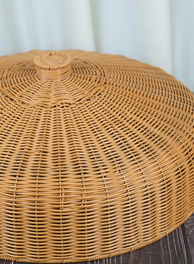 WY098圆形菜罩菜盖仿藤家用田园手工茶色防尘罩防蝇防虫罩盖52*17