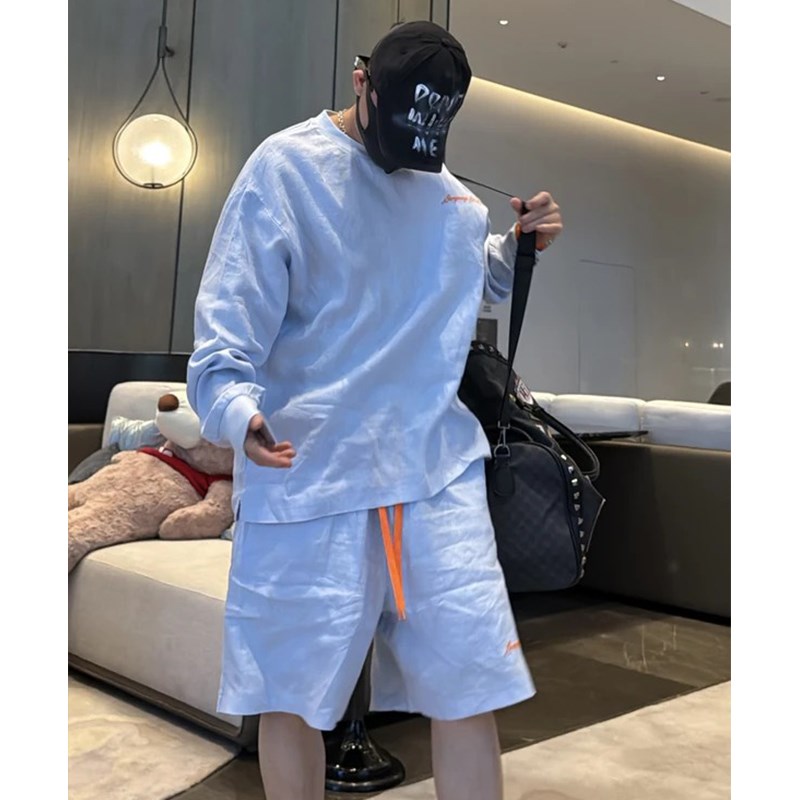 2025夏季新款亚麻休闲套装男轻薄透气慵懒风宽松时尚纯色两件套潮