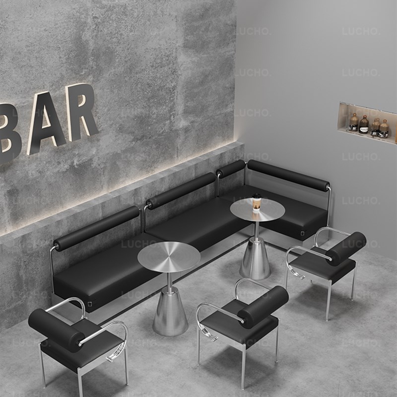 工业风咖啡厅半圆弧形卡座沙发网红奶茶店休息区不锈钢桌椅子定制
