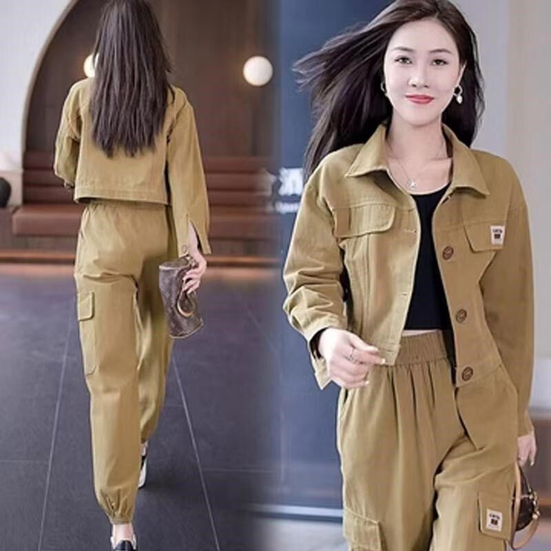 时尚工装裤套装女2024春秋新款洋气显瘦休闲P小个子束脚裤两件套