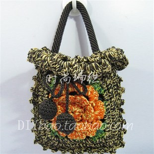 双线钩编橘黄色小花包 钩包材料 手工包 编织包