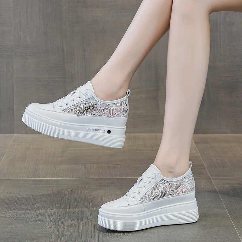 夏季小白鞋女透气内增高女鞋8cm休闲板鞋网面厚底白X鞋坡跟网鞋子