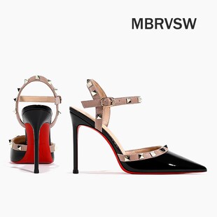铆钉凉鞋女细跟红底新款夏百搭网红小众高级感气质漆皮包头高跟鞋