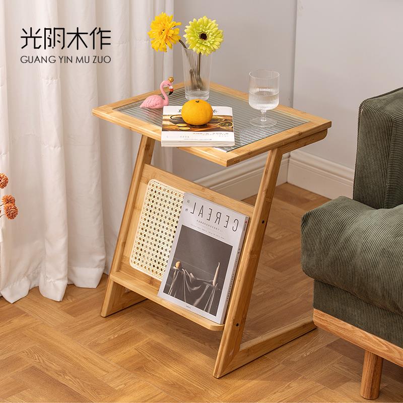 6R日式实木沙发边几客厅小茶几桌子卧室床头置物架藤编玻璃边桌阳