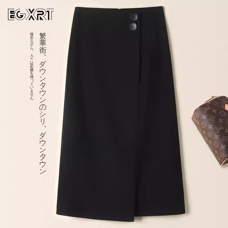 西装半身裙女2025春装新款黑色不对称设计感中长款气质开叉直筒裙