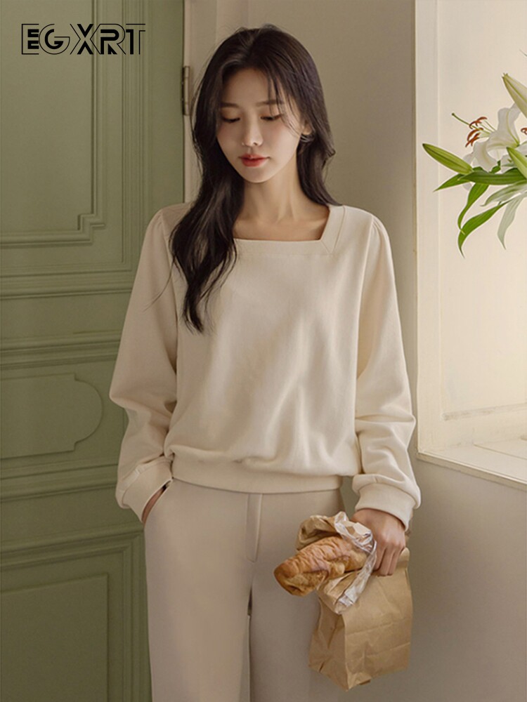 长袖t恤女士秋冬季韩版宽松纯棉显瘦方领正肩内搭上衣简约打底衫