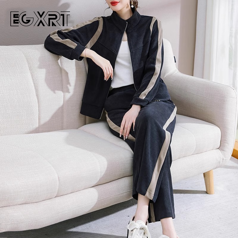 休闲套装女士秋冬季新款灯芯绒套装开衫外套直筒裤运动套装两件套