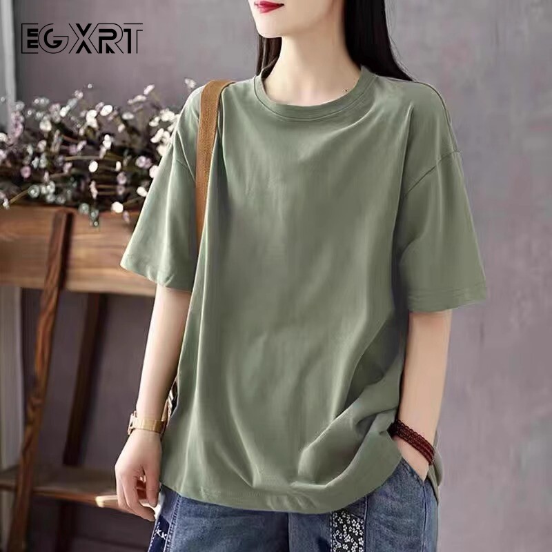短袖T恤女2025年新款简约文艺大尺码显瘦宽松通勤覆古印花纯棉上
