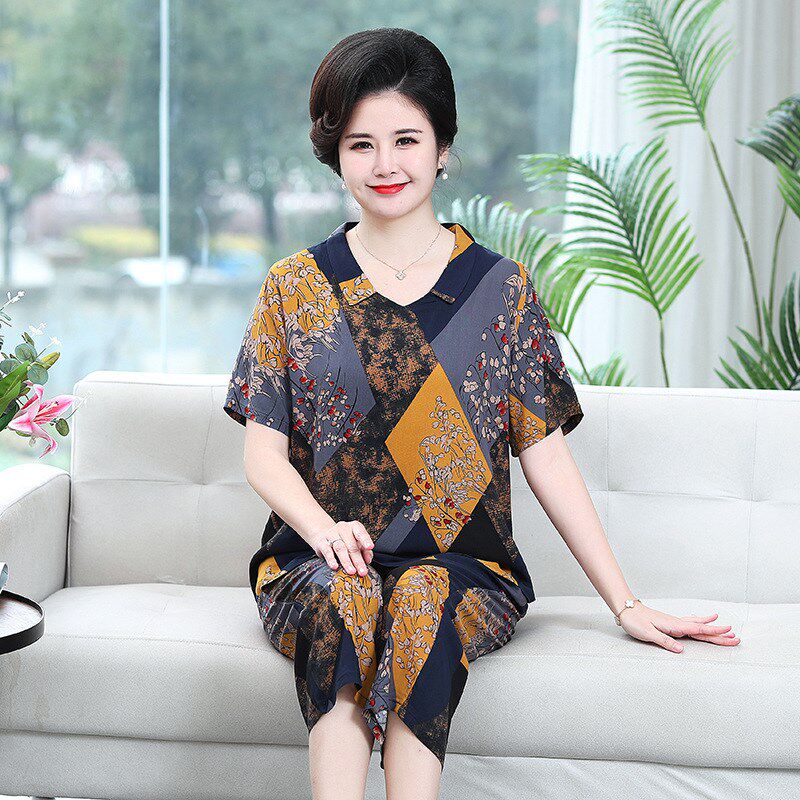 200斤胖妈妈夏季棉绸短袖套装加肥加大码中老年女装T恤奶奶两件套