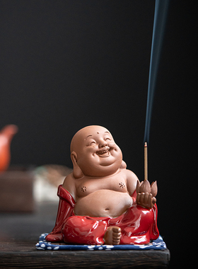 中式陶瓷招财弥勒佛像桌面禅意摆件家用线香器香熏炉香托香盘香座