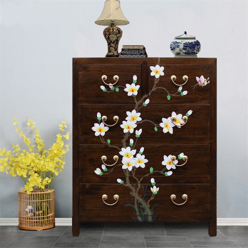 新中式彩绘四斗五斗柜香樟木卧室储物收纳柜客厅实木古典装饰家具