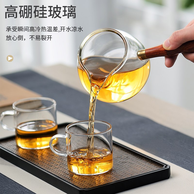 原彩品加厚侧把公道杯花梨木把玻璃分茶器实木手把倒茶器茶道配件