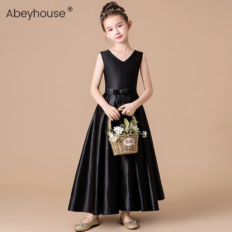 女童公主裙音乐会小提琴合奏长款演出服儿童走秀主持人黑色晚礼服