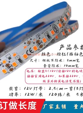 橙红西柚色LED灯带12V2835不防水贴片120珠氛围火焰红 自粘软灯条