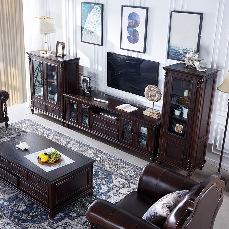 美式乡村复古全实木客厅小户型家用储物柜一体茶几电视柜组合