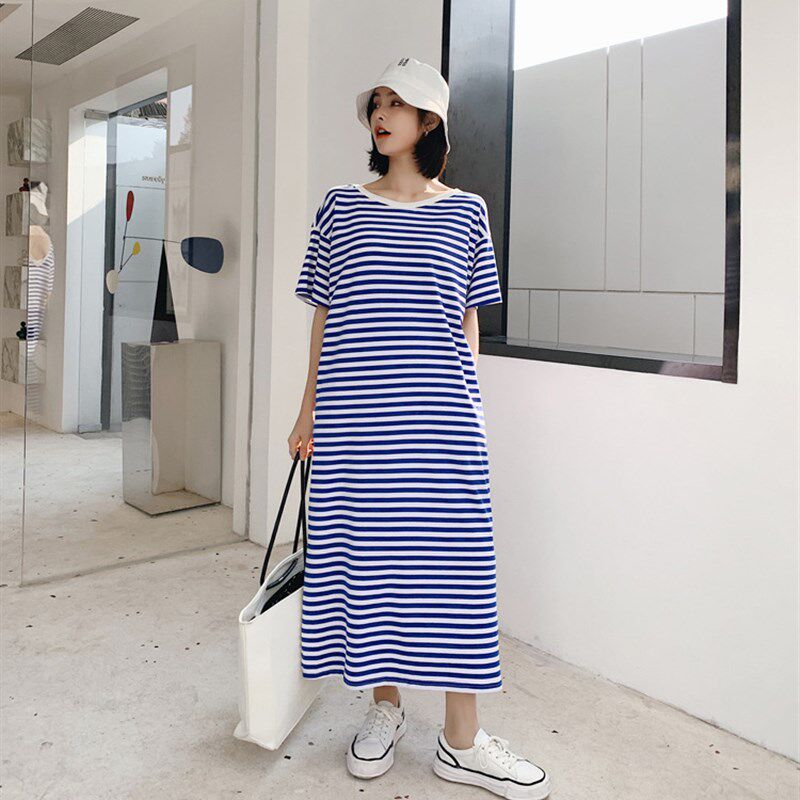 亮眼海军蓝条纹短袖睡裙夏季长款宽松大码休闲口袋外穿纯棉睡衣女