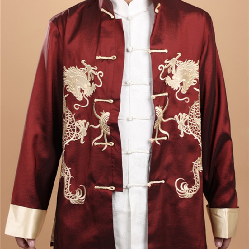 青年绣双龙男装长袖上衣中式中国风立领 男士唐装外套演出服戏服