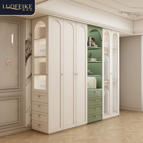 衣柜书桌一体组合家用小户型轻奢奶油风玻璃门实木大衣橱带电脑桌