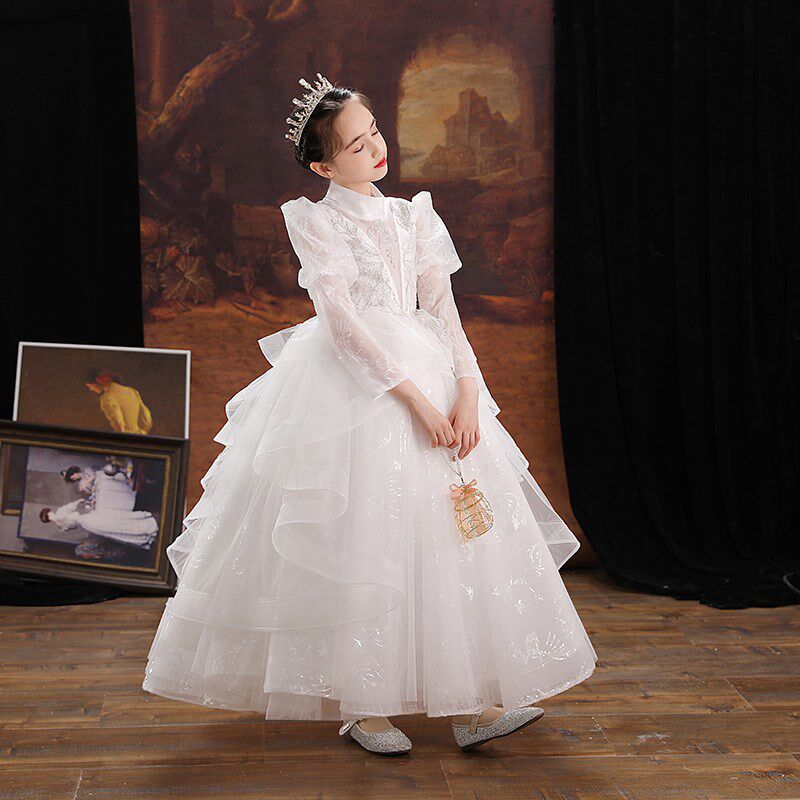 儿童晚礼服女童公主裙小孩花童婚纱长袖生日主持人钢琴演出服高端