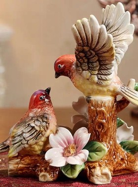 欧式家居装饰品新中式客厅酒柜隔断摆件陶瓷工艺品喜鹊小鸟创意