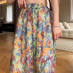莫奈油画半身裙女高腰显瘦法式复古碎花裙压皱质感度假风a字长裙