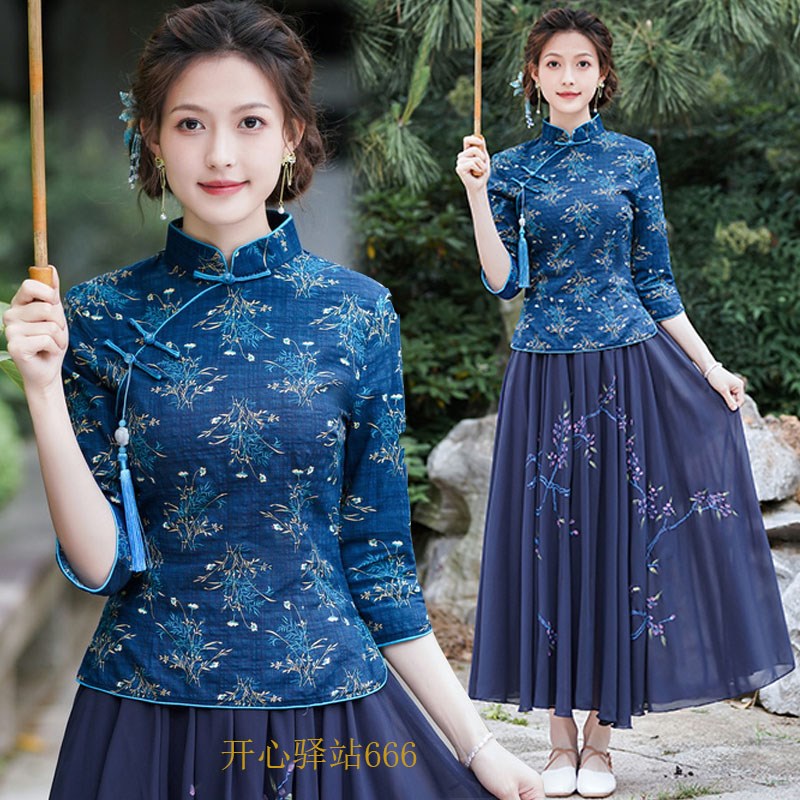 中国风盘扣唐装复古改良版旗袍两件套女上衣中式老年古风民族服装