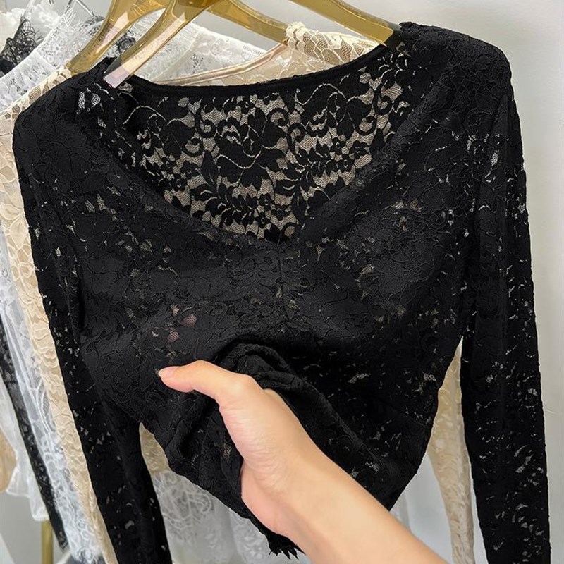 v领蕾丝打底衫女2022新款内搭长袖低领纱衣黑色小衫短款网纱上衣