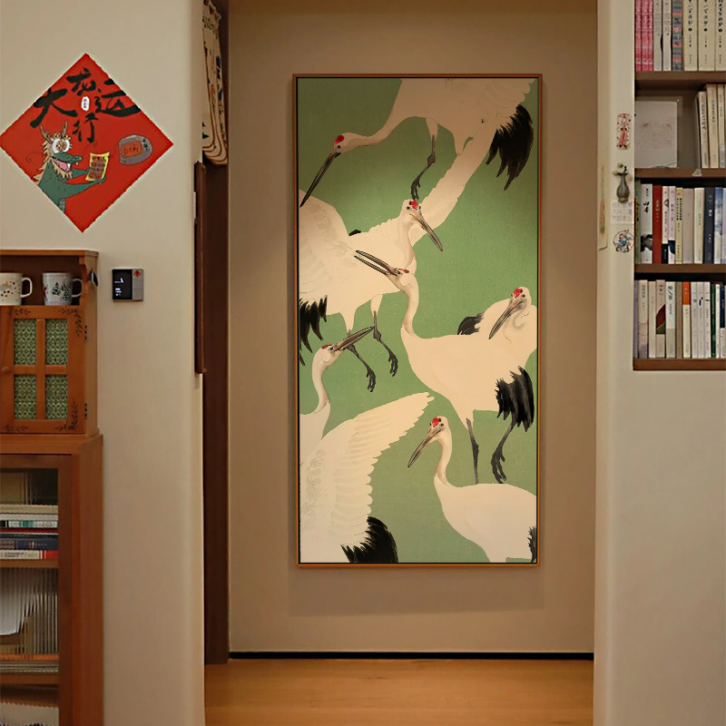 新中式入户玄关装饰画竖版走廊尽头过道挂画中古风仙鹤壁画好寓意