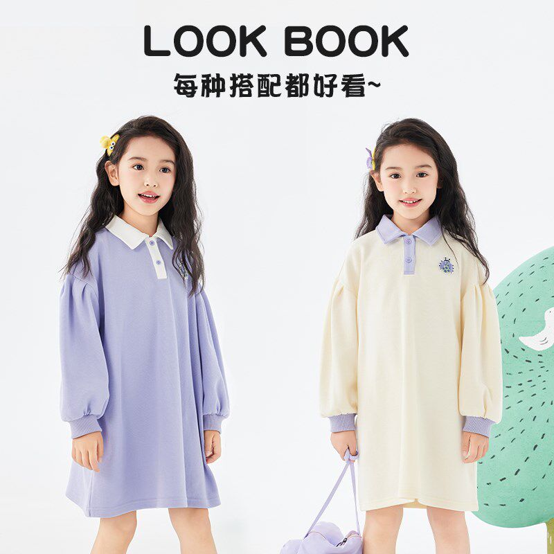 加比瑞童装 春秋季新品 女童简约休闲翻领长袖连衣裙中大童裙子
