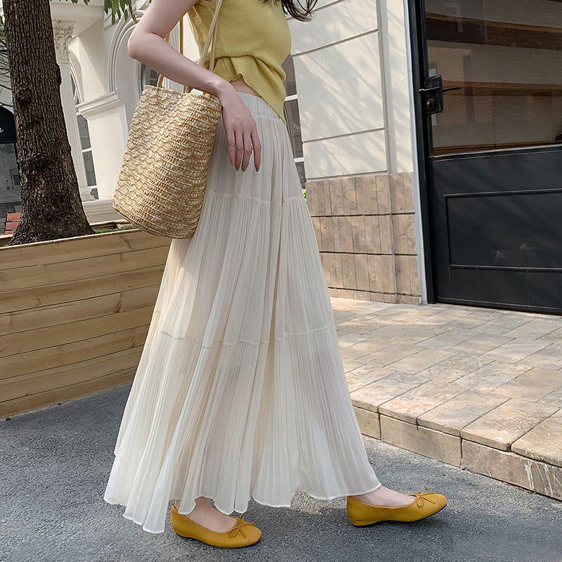 白色半身裙女夏长款a字雪纺大摆裙2025新款垂坠感褶皱百褶长裙子