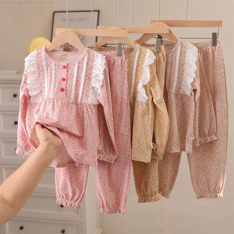 法式风女童睡衣睡裤中大童纯棉长袖儿童公主家居服套装小女孩秋冬